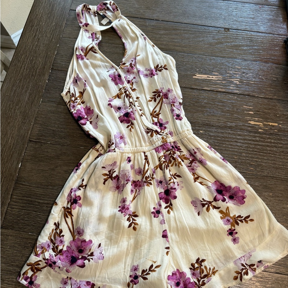American Eagle Floral Halter Romper - Purple and White